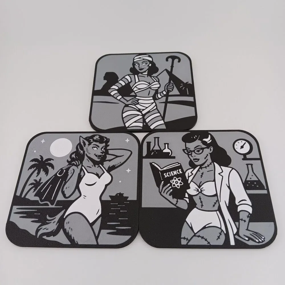 3D Printed Pin-Up Movie Monster Halloween Coasters - Set of 3 - Silver Screen